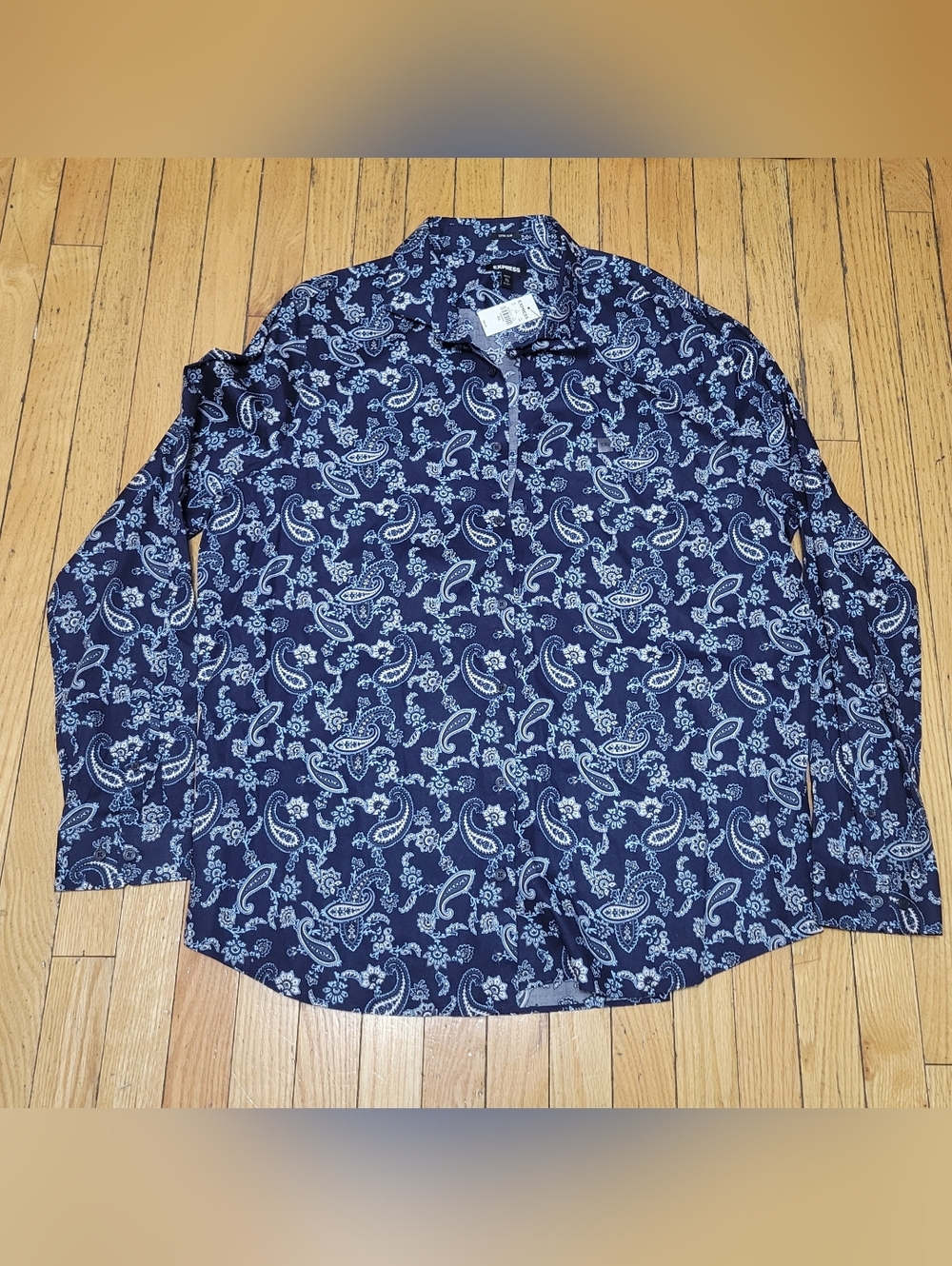 Express Men's Navy and White Paisley Button-Down Shirt